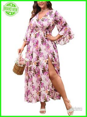 Plus Size Ruffle Bell Sleeve V Neck A Line Maxi Dress with Slit